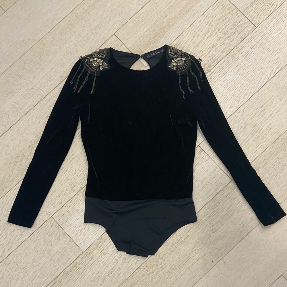 Zara Black Velvet Open Back Embellished Body Suit size small